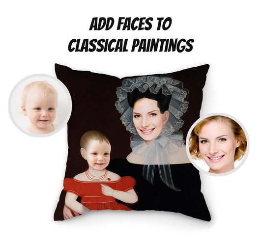 Personalised Photo Renaissance Painting Pillow | Mother & Child | Fab Gifts | Add Faces to Classical Paintings, Mother and Daughter Photos Original and Customised