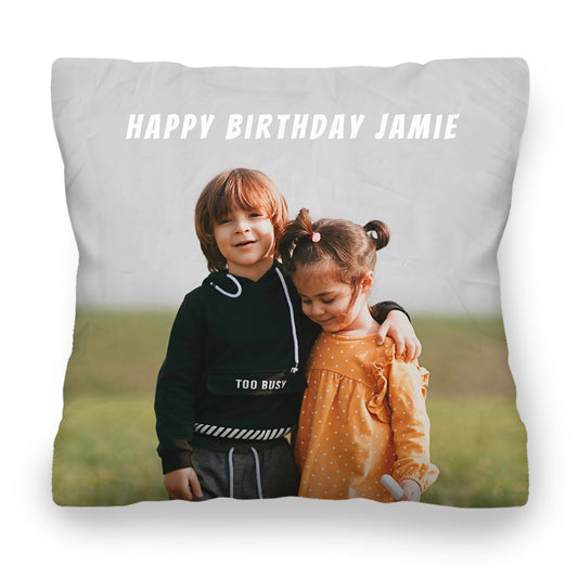 Personalised Photo Cushion 30x30cm and 45x45cm, Kids Picture, Happy Birthday Jamie Text on Cushion