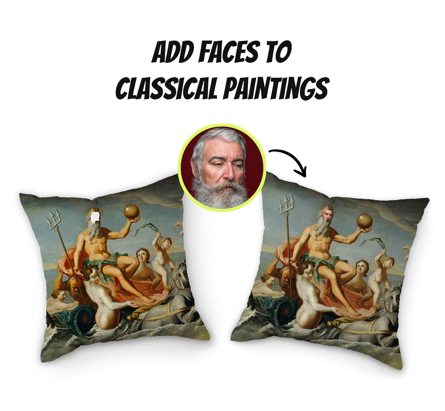 Personalised Photo Renaissance Painting Pillow | Neptune | Fab Gifts | How to guide | Add Faces To Classical Paintings Cushion