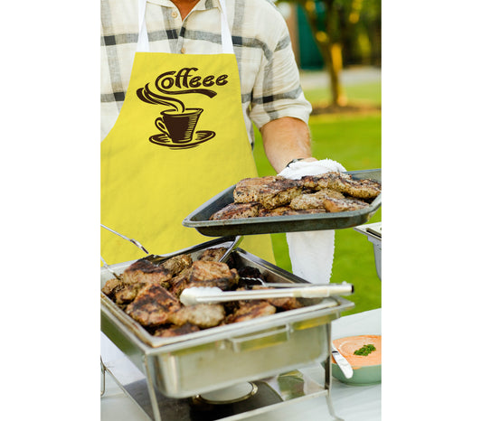 Person wearing Personalised Apron. Yellow Background with Coffee Logo and Text