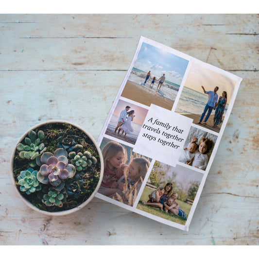 Personalised Tea towel with six photos and text quote. On a table next to a plant pot.