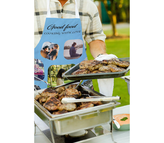 Person at Barbecue Wearing Personalised Apron 10 Personalised Photos, and Text. Text is Cooking with Love.