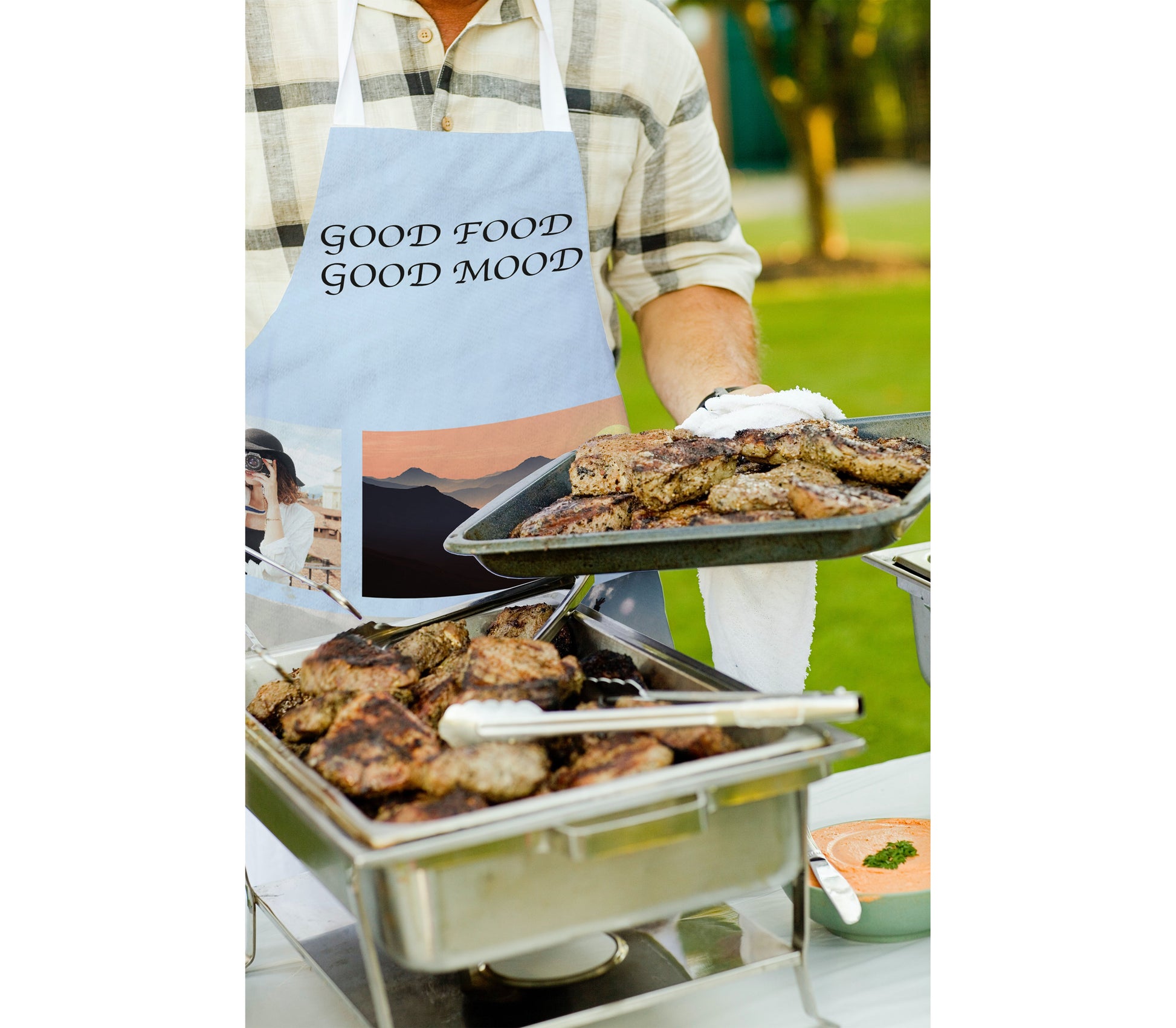 Person Wearing Personalised Apron with Six Personalised Photos. Light Blue Background and Text. Good Food, Good Mood.
