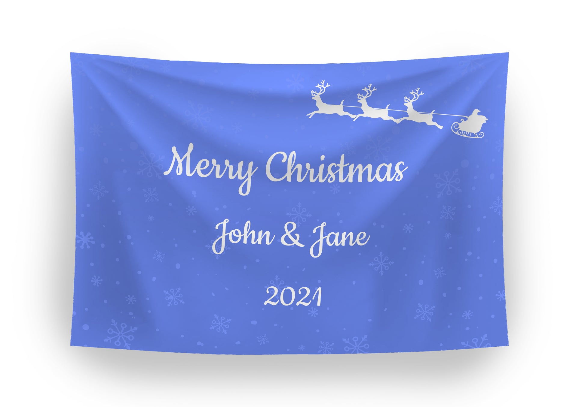 Personalised Christmas Banner. Blue Background and Snowflakes. Added Text Merry Christmas, and Names and Year. Santa Sleigh and Reindeers.