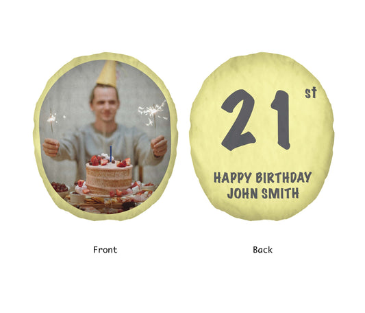 face cushion, front and back. added personalised photo on front and text on the back happy birthday cushion, yellow background