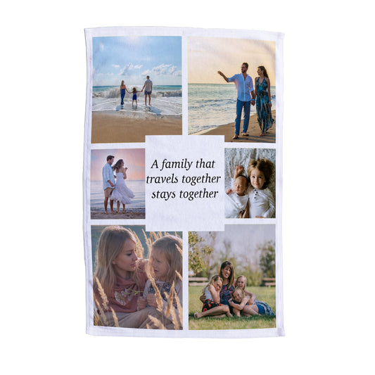 Personalised Tea towel with six photos and text quote. 