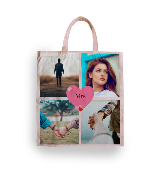 personalised tote bag with four images and heart in centre for text