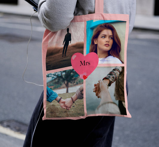 person wearing personalised tote bag with four images and heart in centre for text