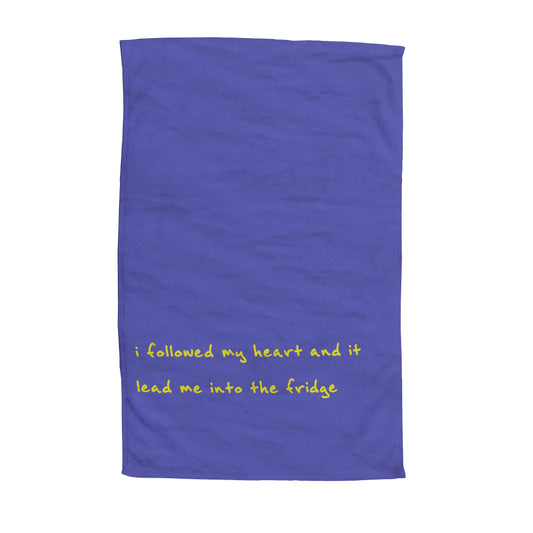 Personalised Blue Tea Towel with Text on it. "i followed my heart and it sent me into the fridge".