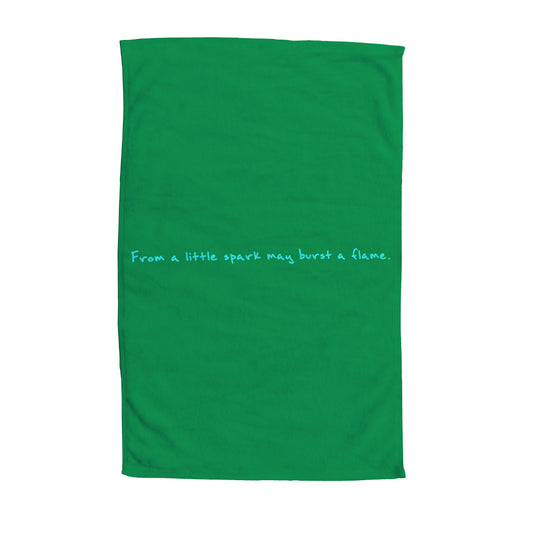 Personalised Green Tea Towel with Text on it. "From a little spark may burst a flame".