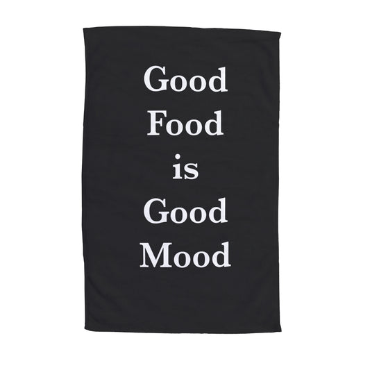 Personalised Tea Towel With Text. Personalised Text is "Good Food is Good Mood".