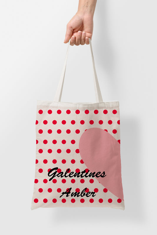 person holding Personalised valentines tote bag, galentines heart dot design