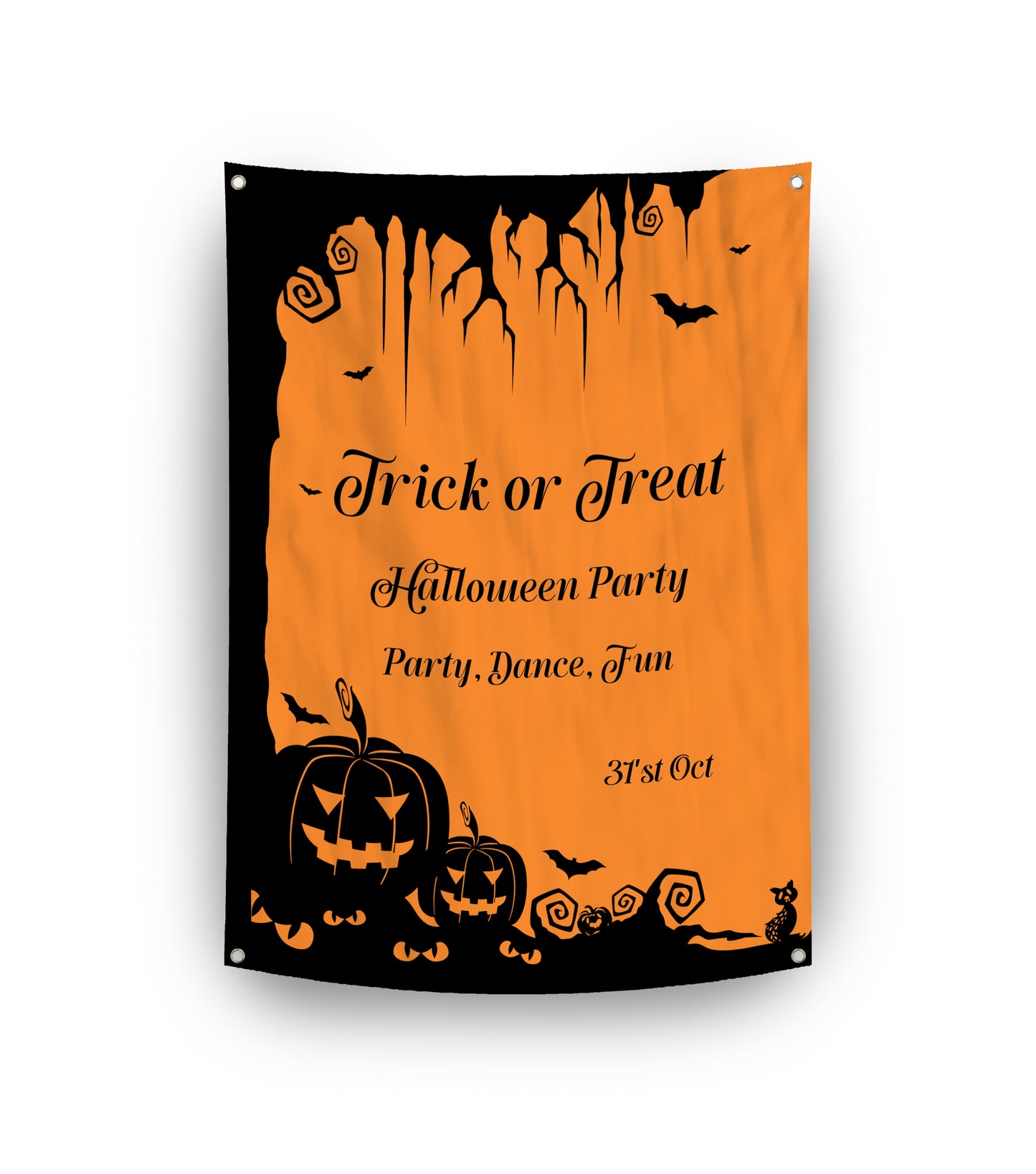 Halloween Banner. Trick or Treat. Silhouette of Tree and Pumpkin, Cat and Bats. Orange Background.
