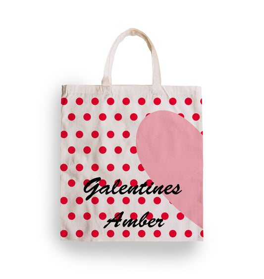 Personalised valentines tote bag, Galentines heart dot design. Add you name.
