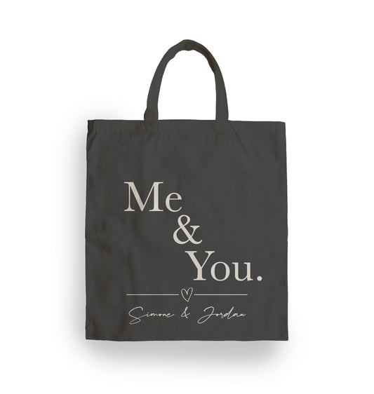 personalsied tote bag. me and you text. add couple name. valentines and romantic gift