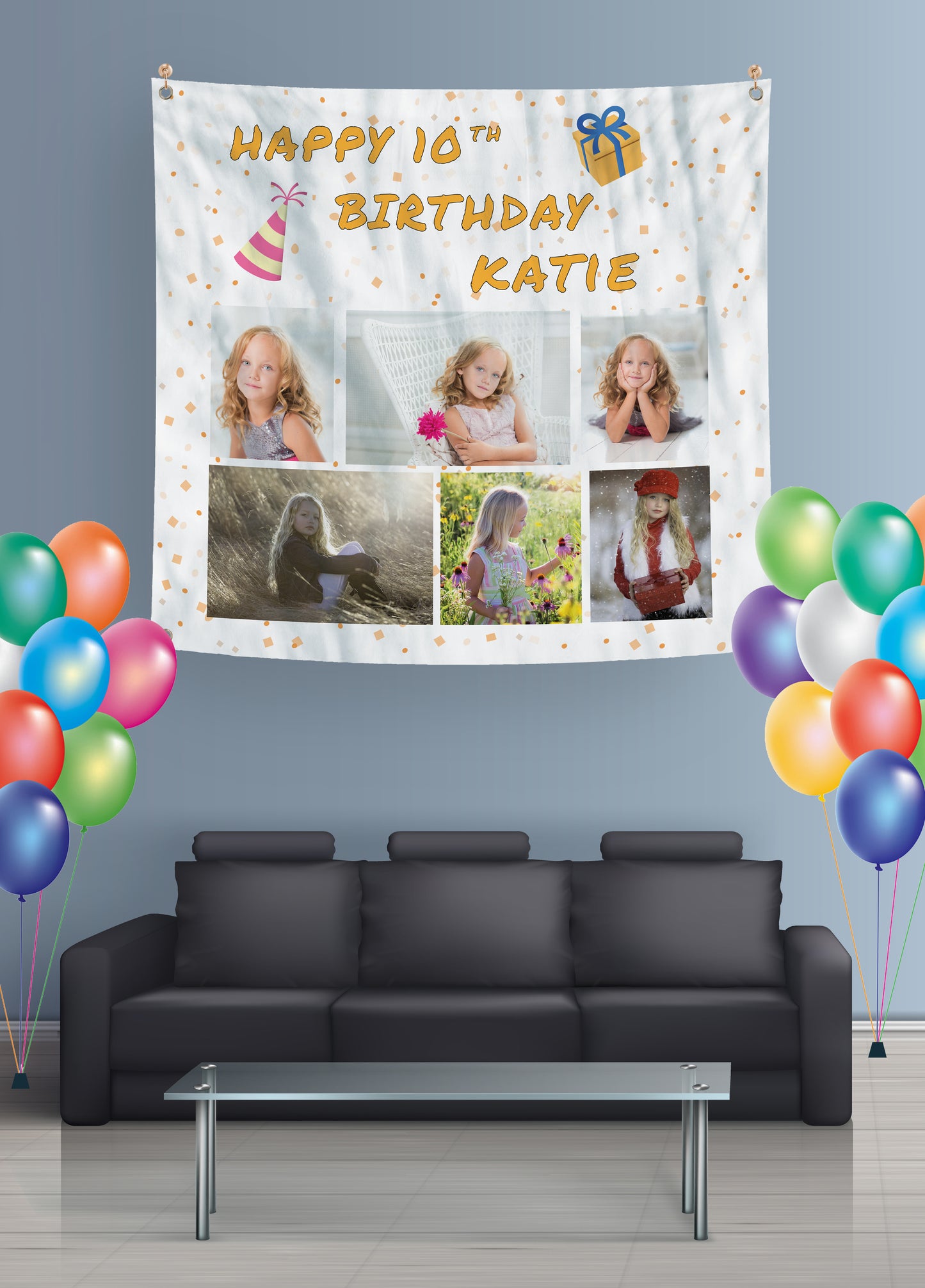 Personalised Birthday Banner in Living Room and Balloons. Happy Birthday. Confetti Background.