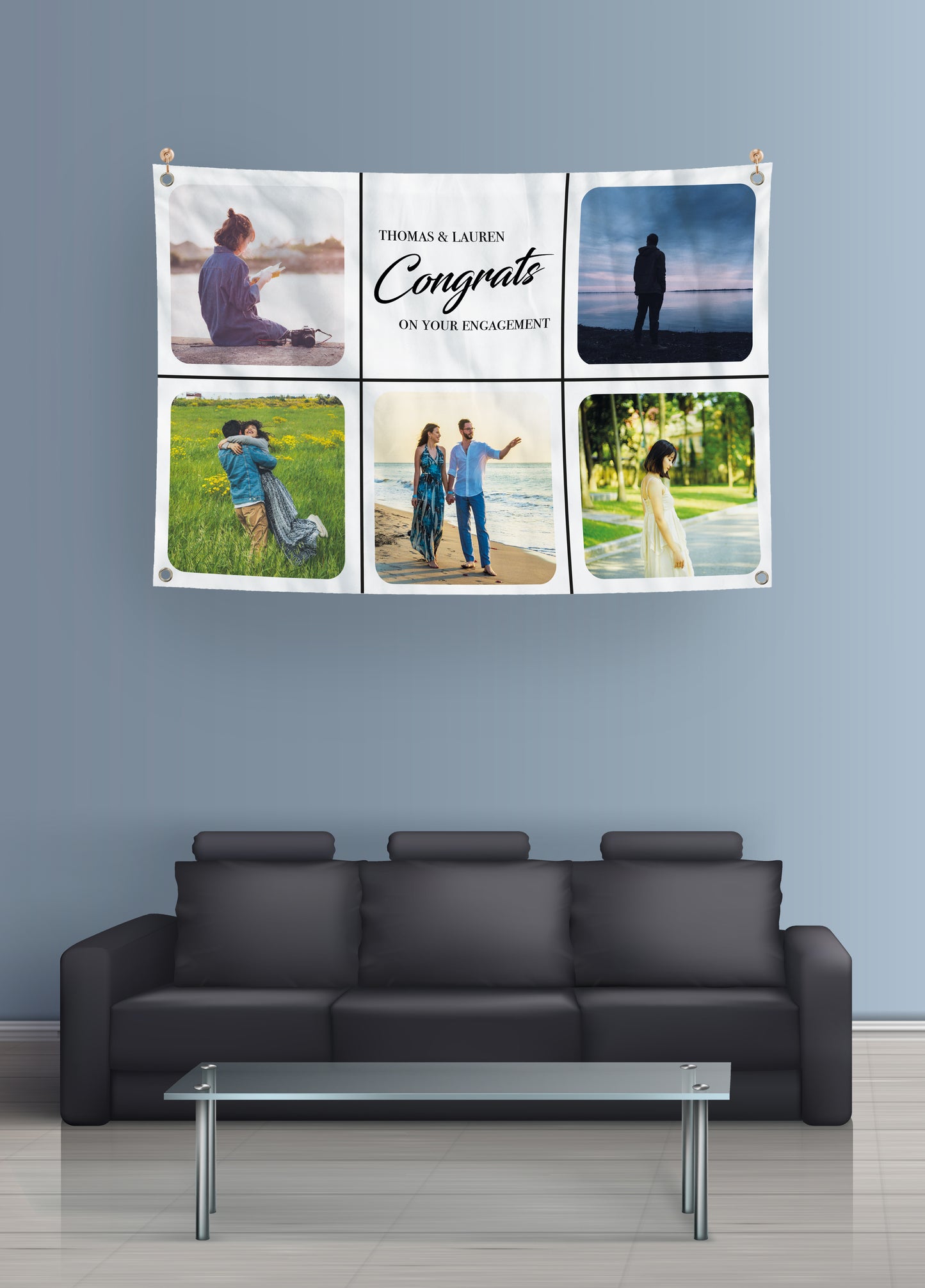Personalised Photo Banner on Wall Above Sofa. Add Your Photos. Personalised Text. 'Thomas & Lauren Congrats on Your Engagement'.
