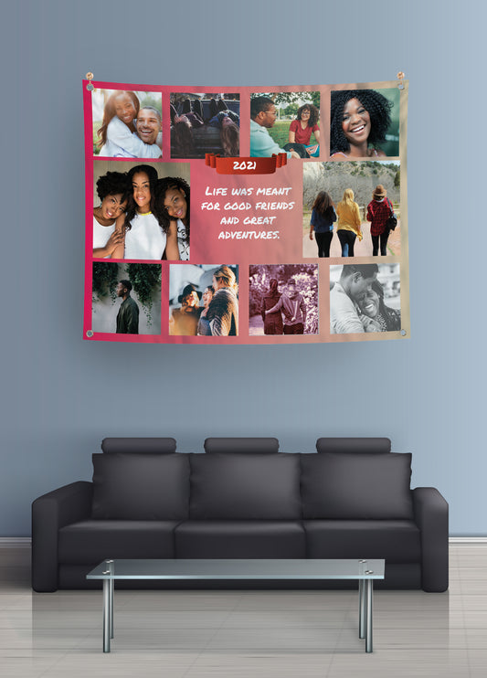 Personalised Multi-Photo Banner on the Wall in a Living Roof Above The Sofa and Table. Red Gradient Background. Text and Year. 10 Photo Banner with Pictures of Friends and Family.