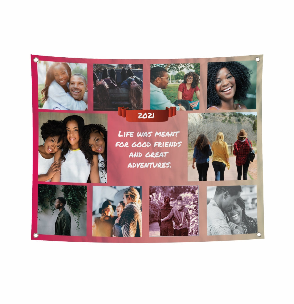 Personalised Multi-Photo Banner. Red Gradient Background. Text and Year. 10 Photo Banner with Pictures of Friends and Family.