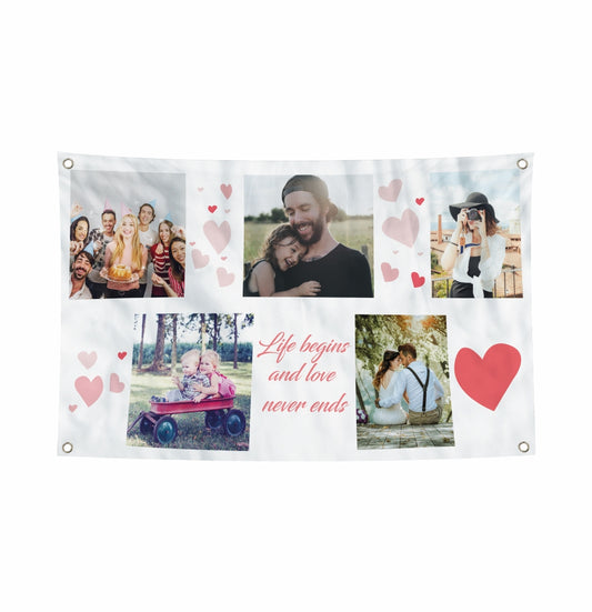 Personalised Photo Banner. 5 Photos Spaces. Hearts around images, and Personalised Text.