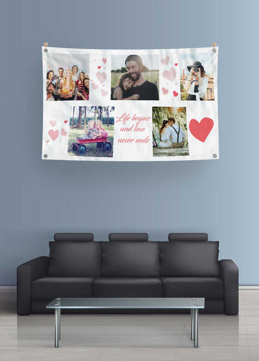 Personalised Photo Banner on The Wall Over the Sofa. 5 Photos Spaces. Hearts around images, and Personalised Text. Hung with Corner Eyelet.