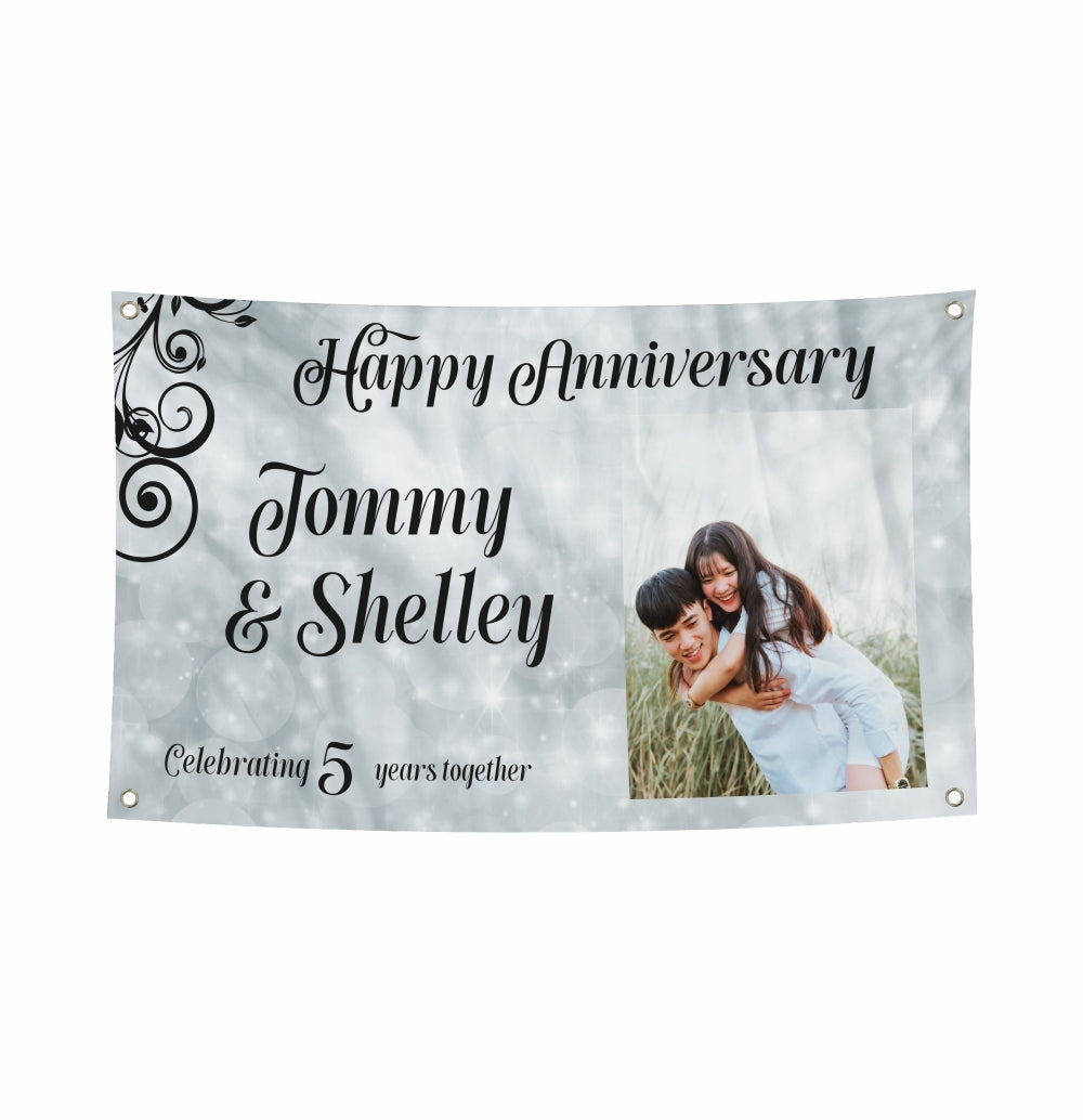 Personalised Anniversary Banner. Couple Photo on the Banner, and Text "Happy Anniversary” “Tommy and Shelly". and 'Celebrating 5 years together'.