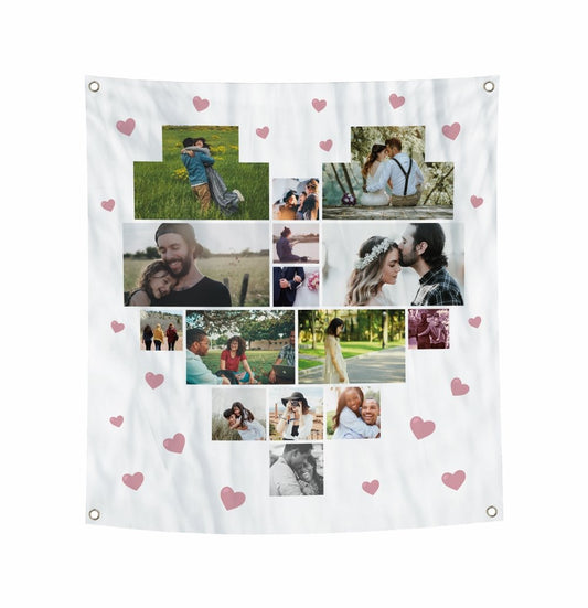 Personalised Multi-Photo Banner with Images Layout in Heart Shape. White Background with Pink Hearts