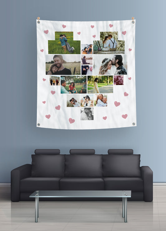 Personalised Multi-Photo Banner with Images Layout in Heart Shape on the Wall in the Living Room. White Background with Pink Hearts