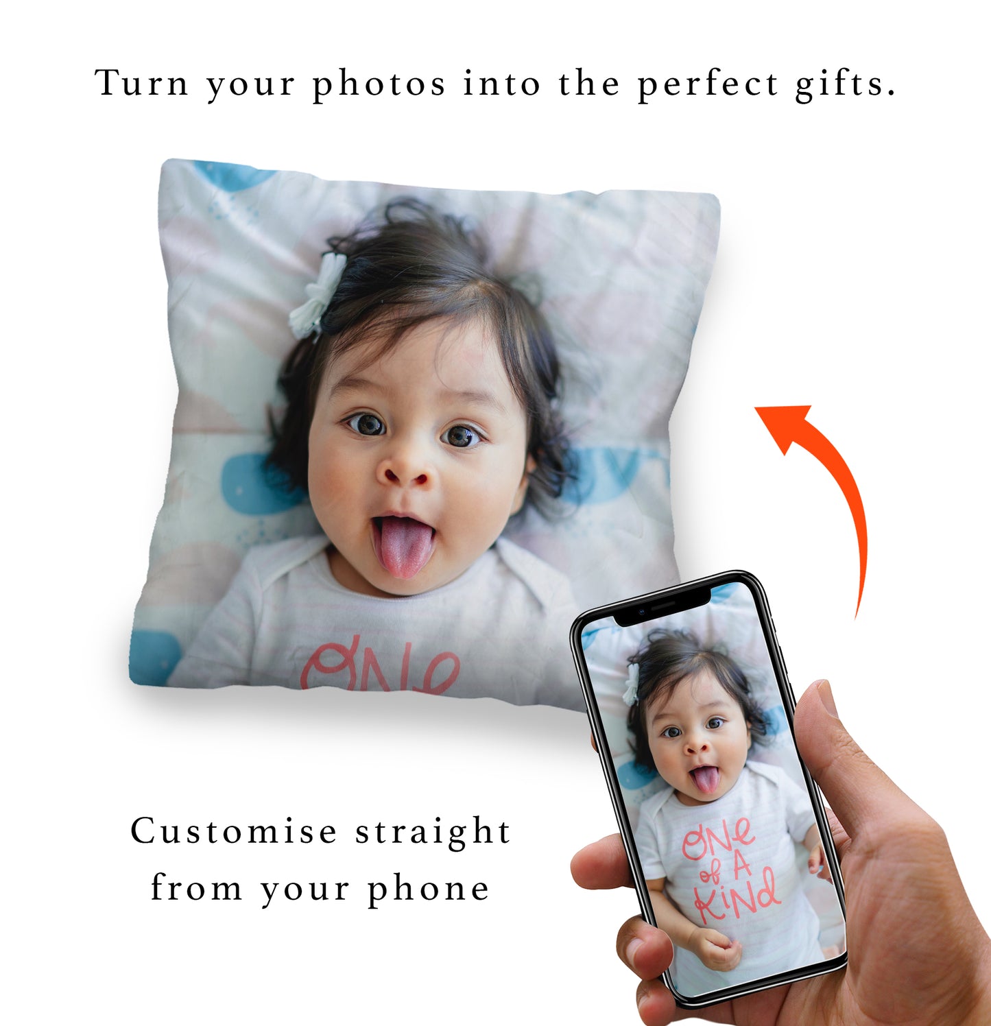 Personalised Photo Cushion 30x30cm and 45x45cm, baby picture. Turn your photos into the perfect gifts. Customise straight from your phone.