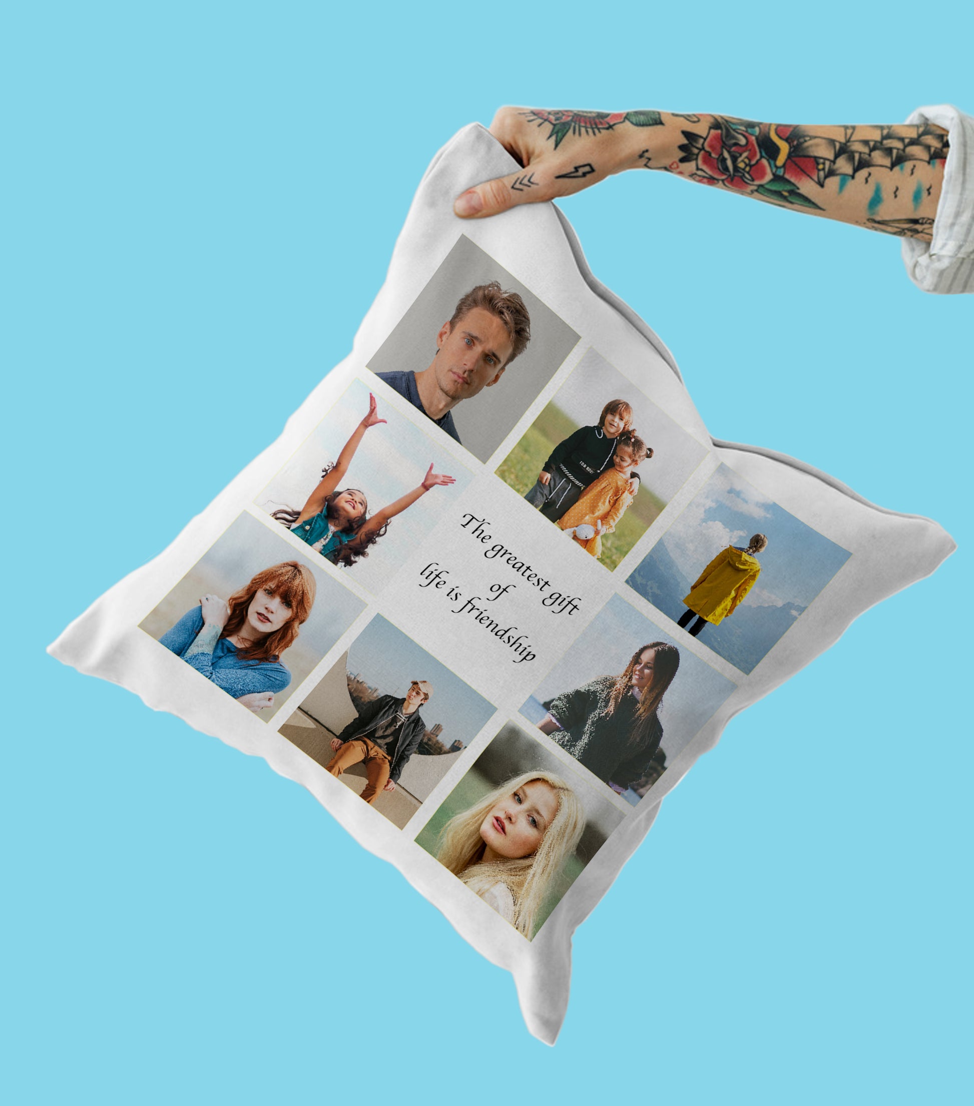 Person Holding Personalised 8 Photo Text Cushion, Filled, 30cm by 30cm