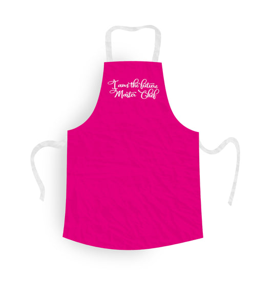 Personalised Apron. Pink Background with white Text. Text says I am the Future Master Chef
