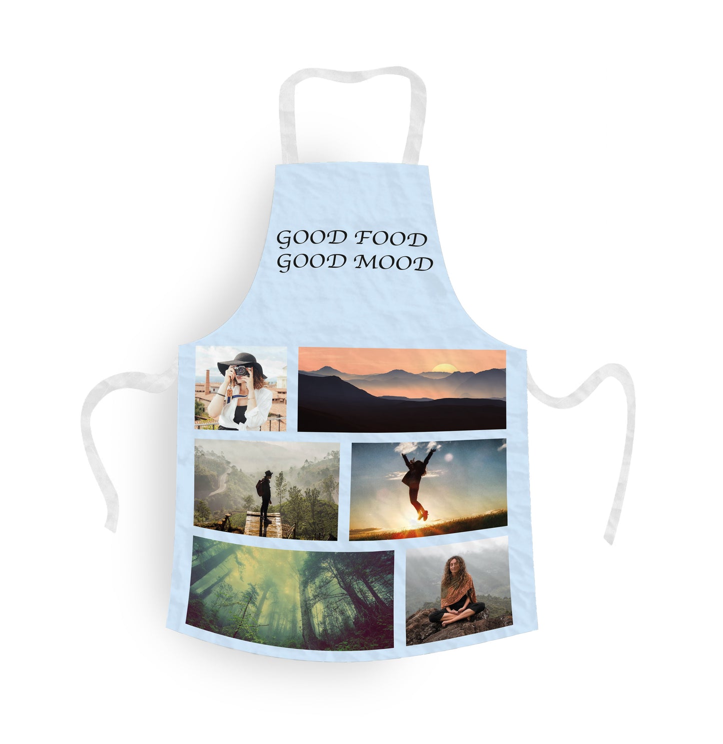Personalised Apron with Six Personalised Photos. Light Blue Background and Text. Good Food, Good Mood.