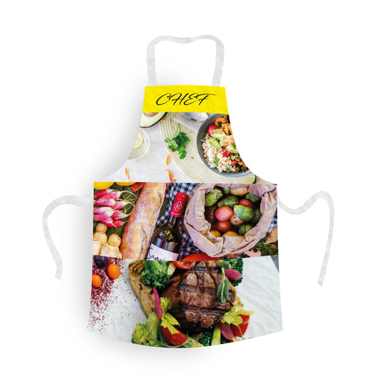 Personalised Apron with 3 Personalised Photos and Text. Photos are of food and text says Chef.