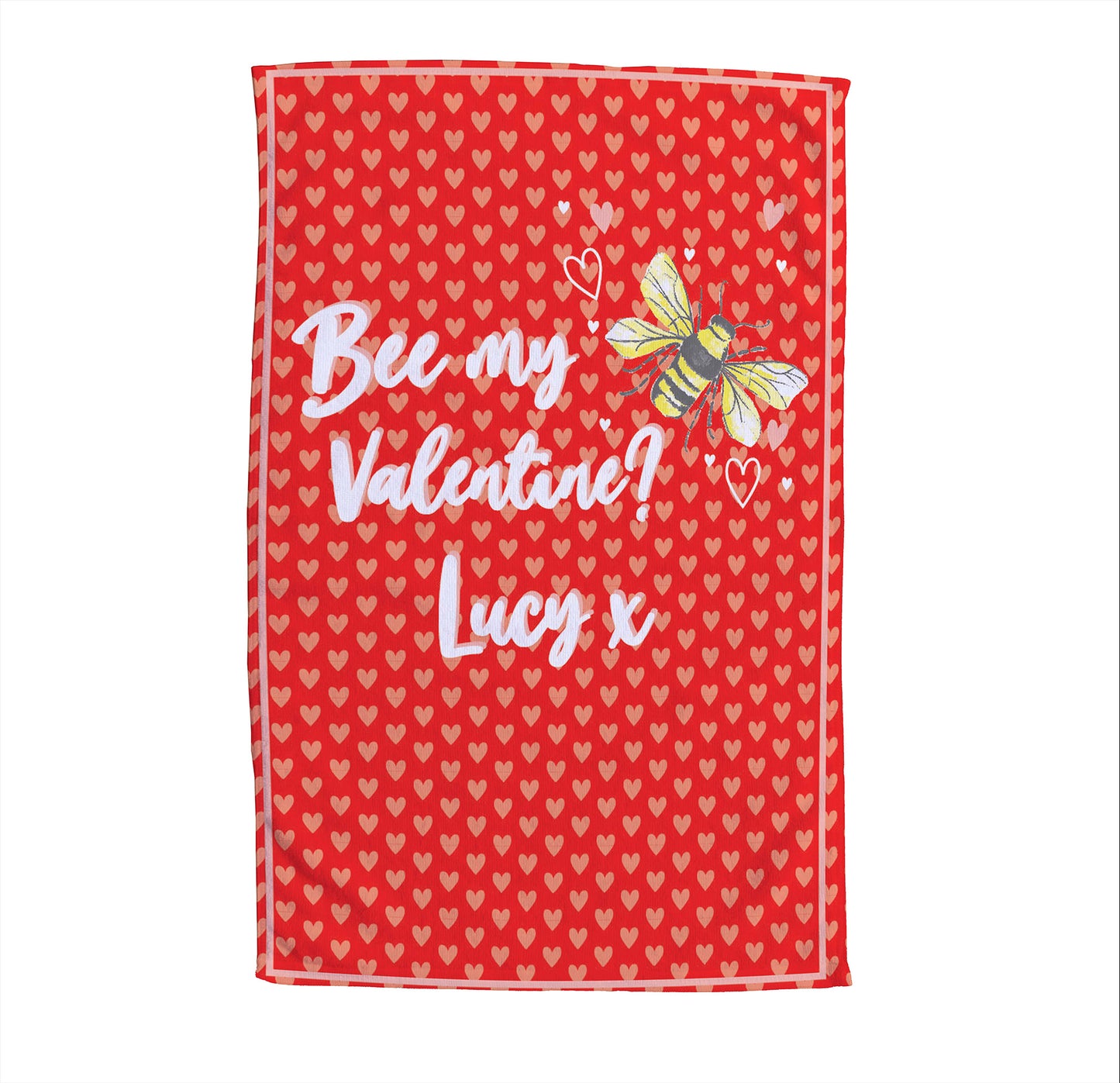 Personalised Valentines Tea Towel, 45cm x 65cm | Fab Gifts. Bee my Valentine? Heart Background.