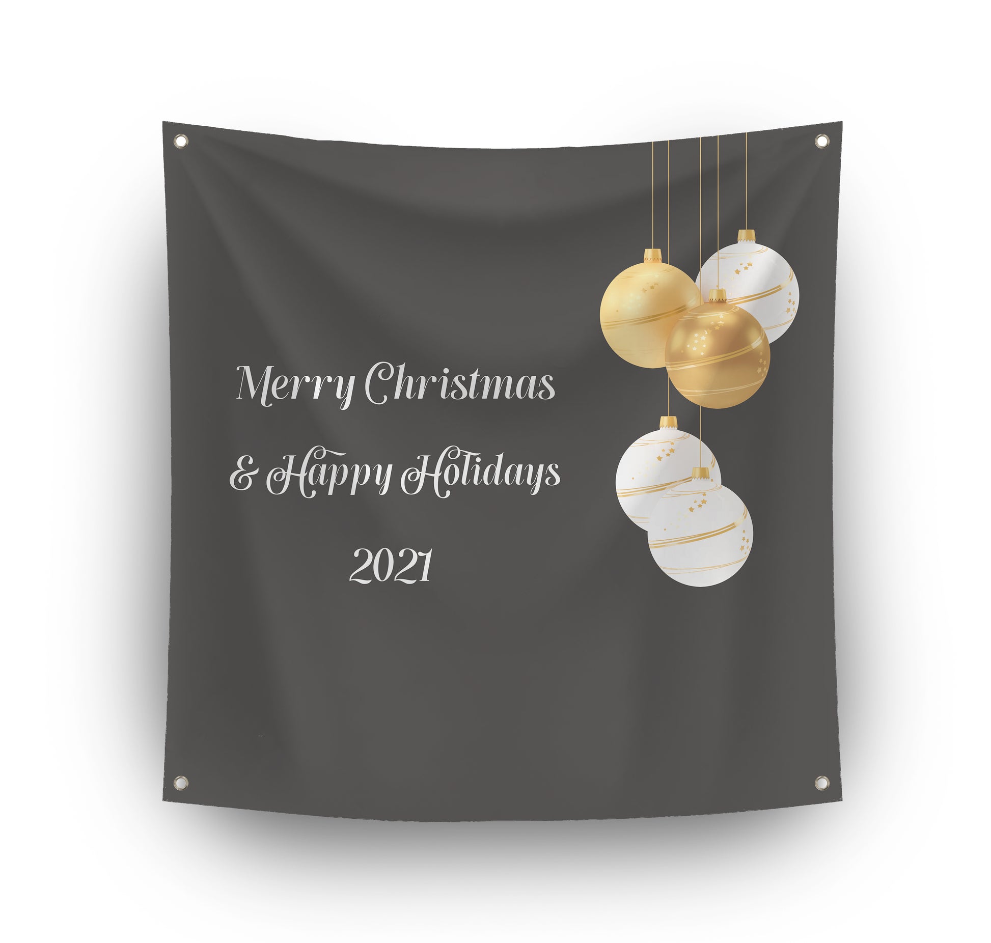 Personalised Christmas Banner. Added Text Merry Christmas and Happy Holidays, and Year. Christmas Baubles. Green Background.