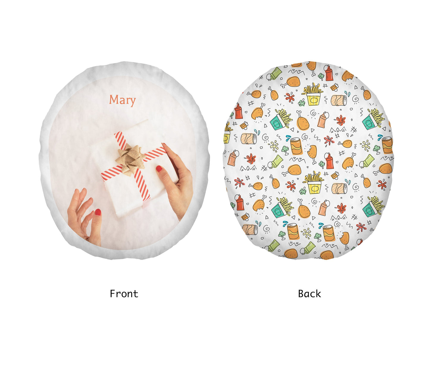 Circle Cushion. Added Personalised Photo on Front and Food Emoji on The Back