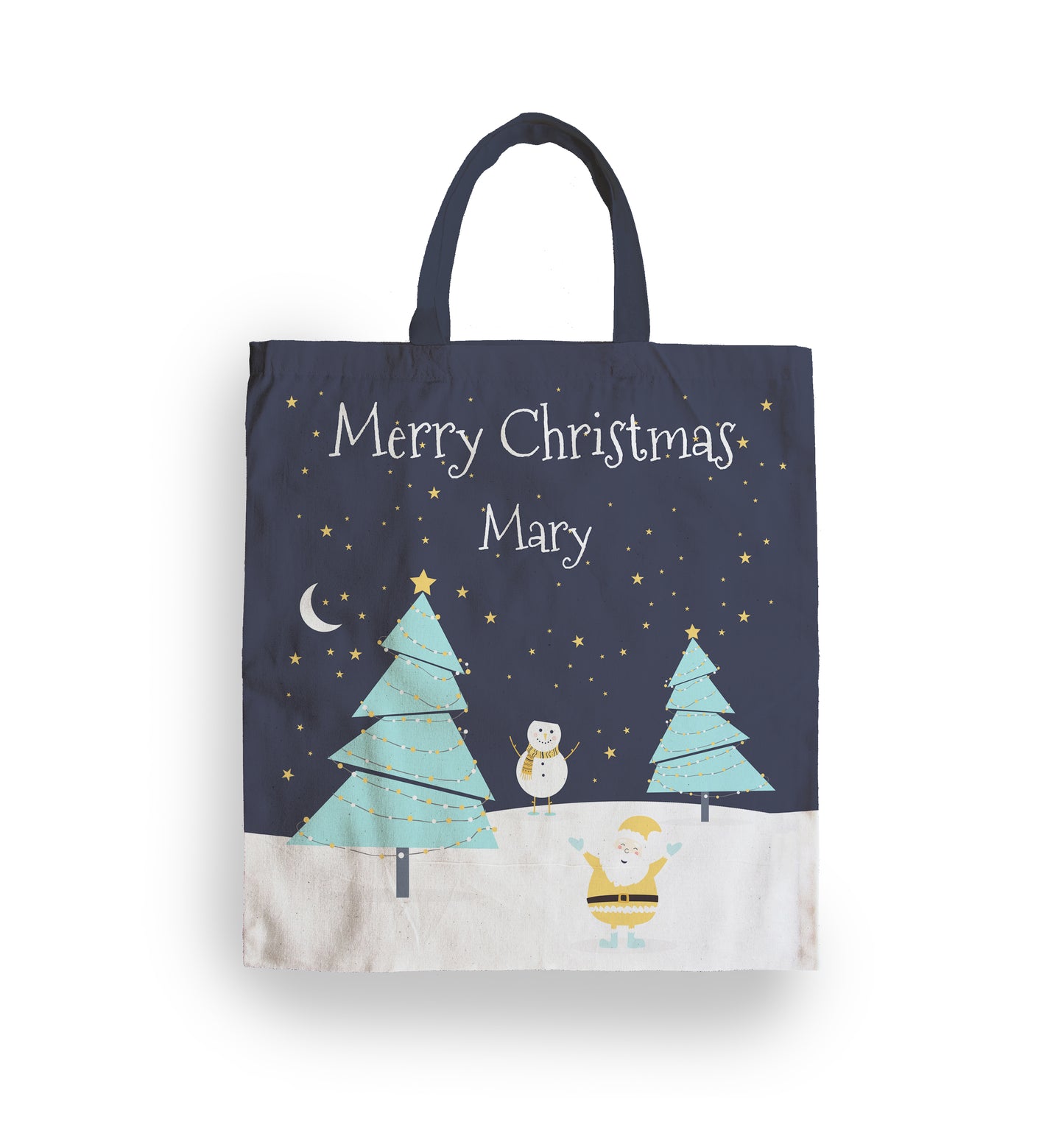 Personalised Tote Bag Christmas Night. Merry Christmas Text, and Name added. Santa, Snowman, Trees, and Stars.