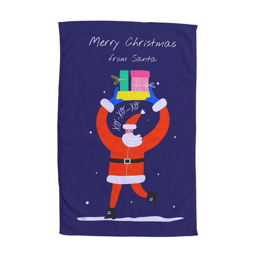 Christmas Tea Towel with Presents by Santa 45x 65cm. Santa with Presents, XO-XO-XO.