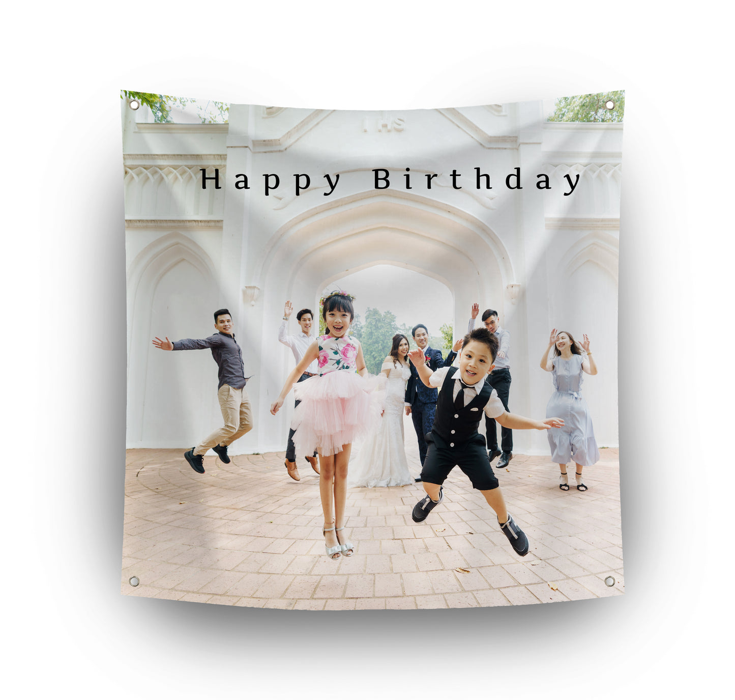 Personalised Photo Banner. Add Photo. Photo of Kids at Party, with Happy Birthday Text. Corner Eyelet.