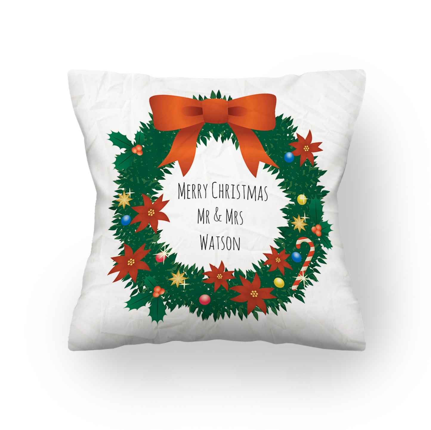 Personalised Christmas wreath cushion. Text 'Merry Christmas', 'Mr & Mrs Watson'.