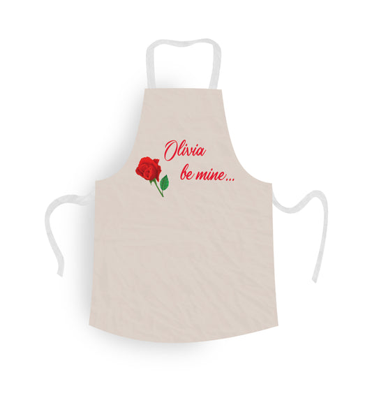 Personalised Apron. Off-White Background. Rose Image and Personalised Text, "Name be mine....". Valentines Day Apron.