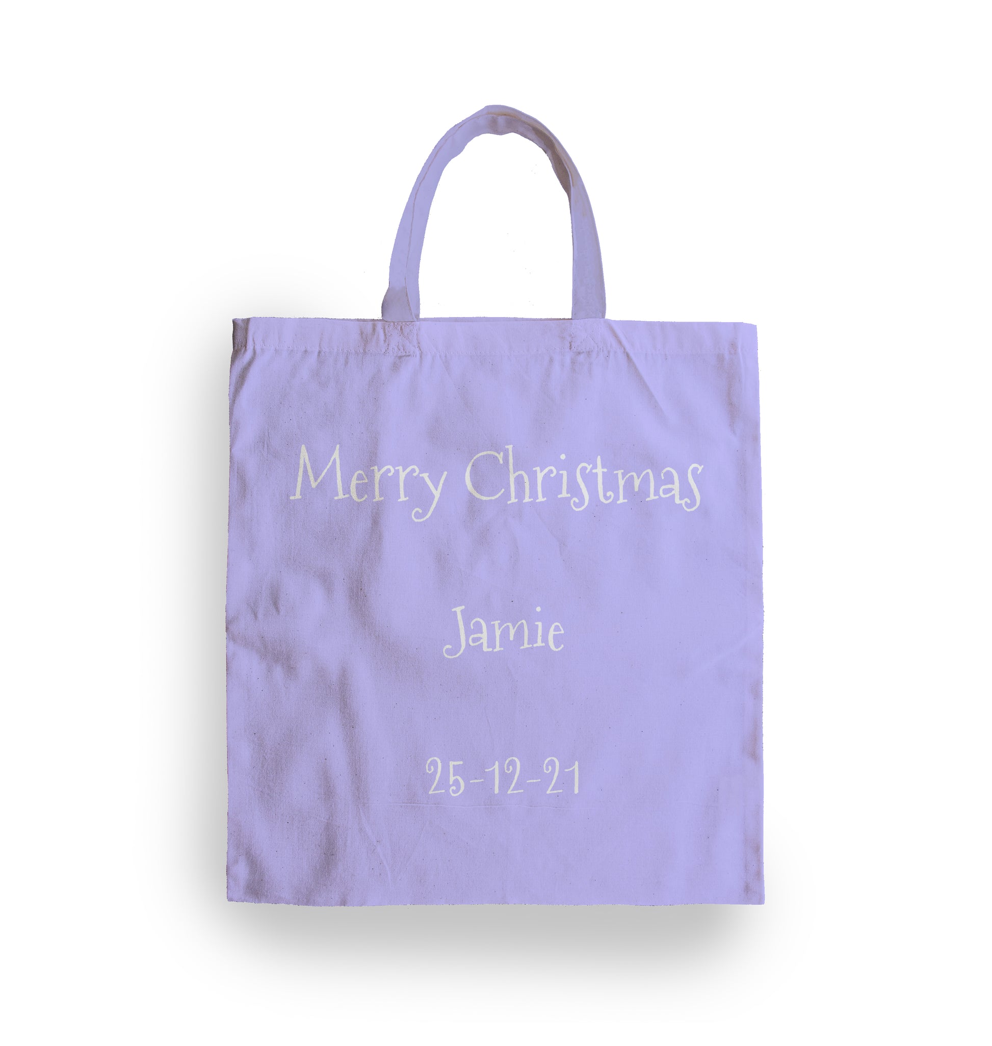 Personalised Tote Bag Christmas Emoji. Lilac Background. Added Text is "Merry Christmas", Name and Date.