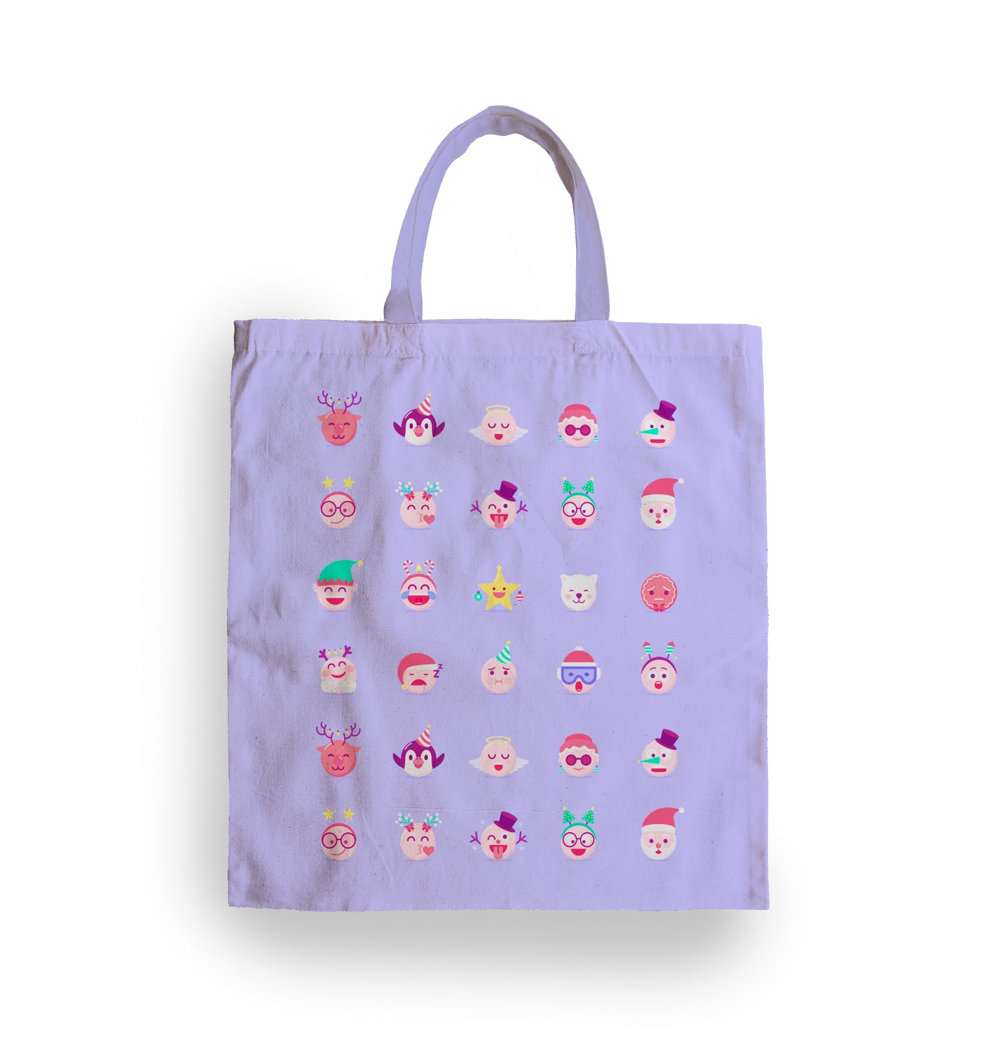 Personalised Tote Bag Christmas Emoji. Lilac Background.