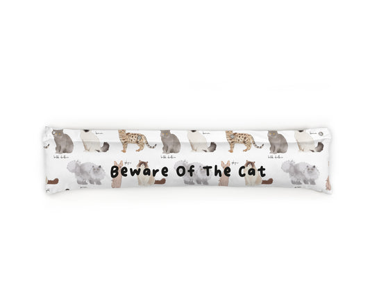 Cats Draught Excluders | White | 50 X 90cm | Fab Gifts, Front, Text Beware of the cat