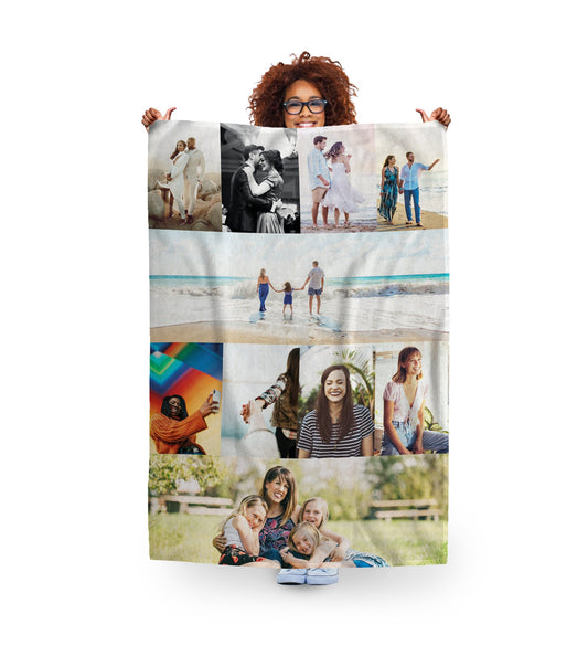 Women holding fleece banner with 10 personalised photos