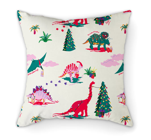 Personalised Christmas Dinosaurs Pink Cushion | 45cm. Back View.