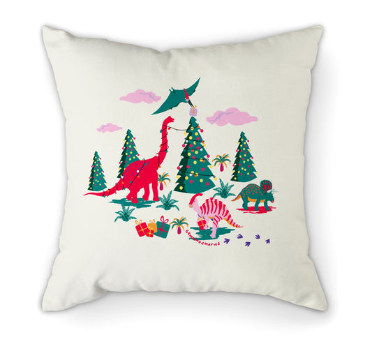Personalised Christmas Dinosaurs Pink Cushion | 45cm. Front View