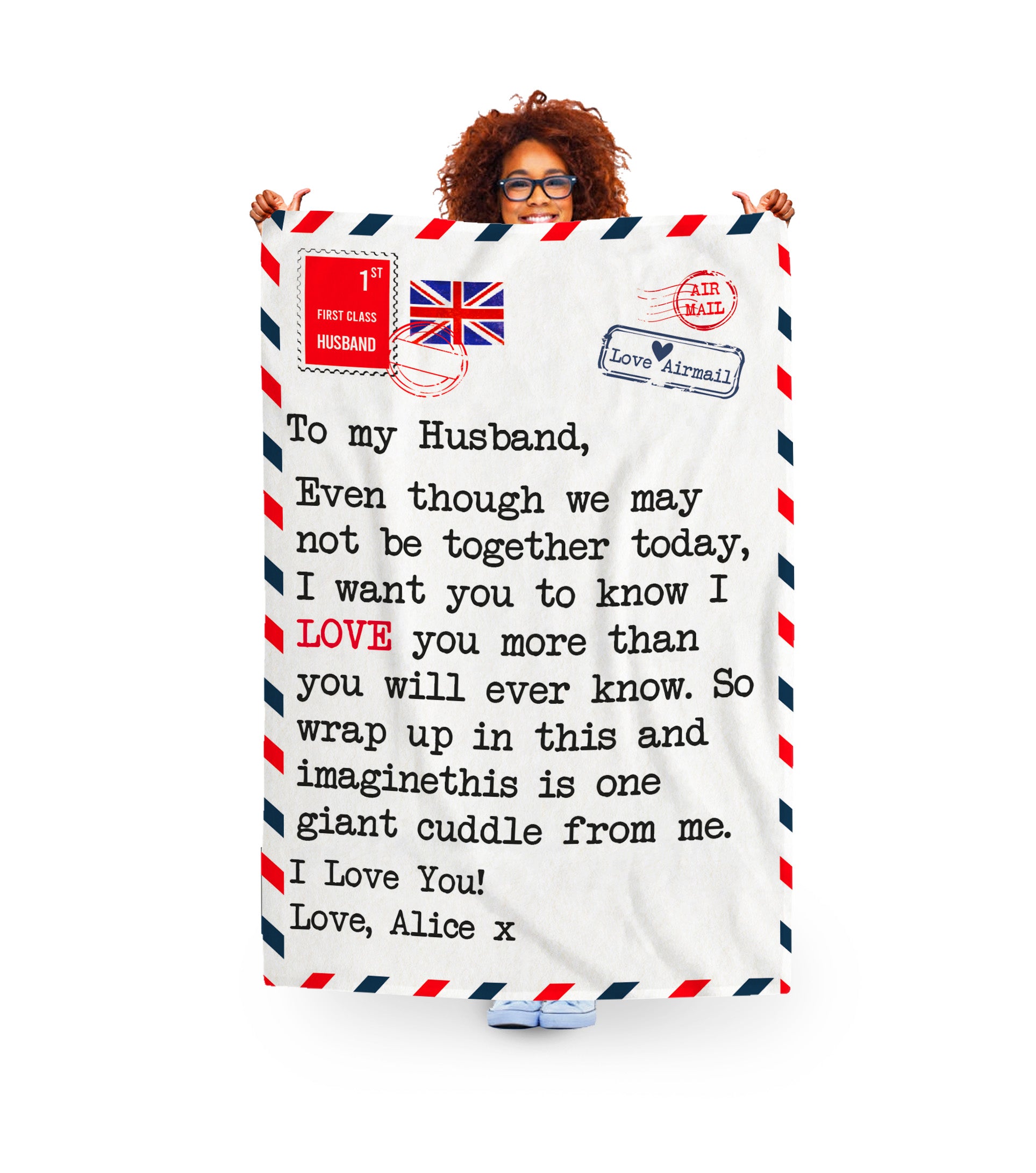woman holding a letter blanket. fleece material. personalised with name. size is 150x200cm.