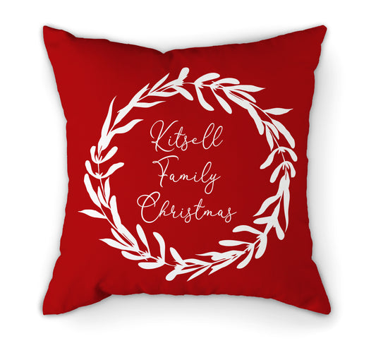 Personalised Red Cushion Christmas Wreath Family 