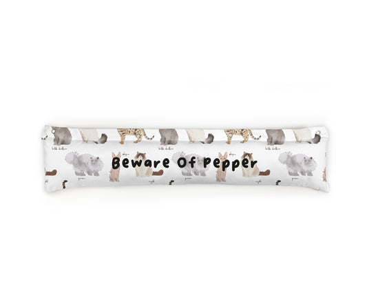 Cats Draught Excluders | White | 50 X 90cm | Fab Gifts, Back, Text: Beware of Pepper